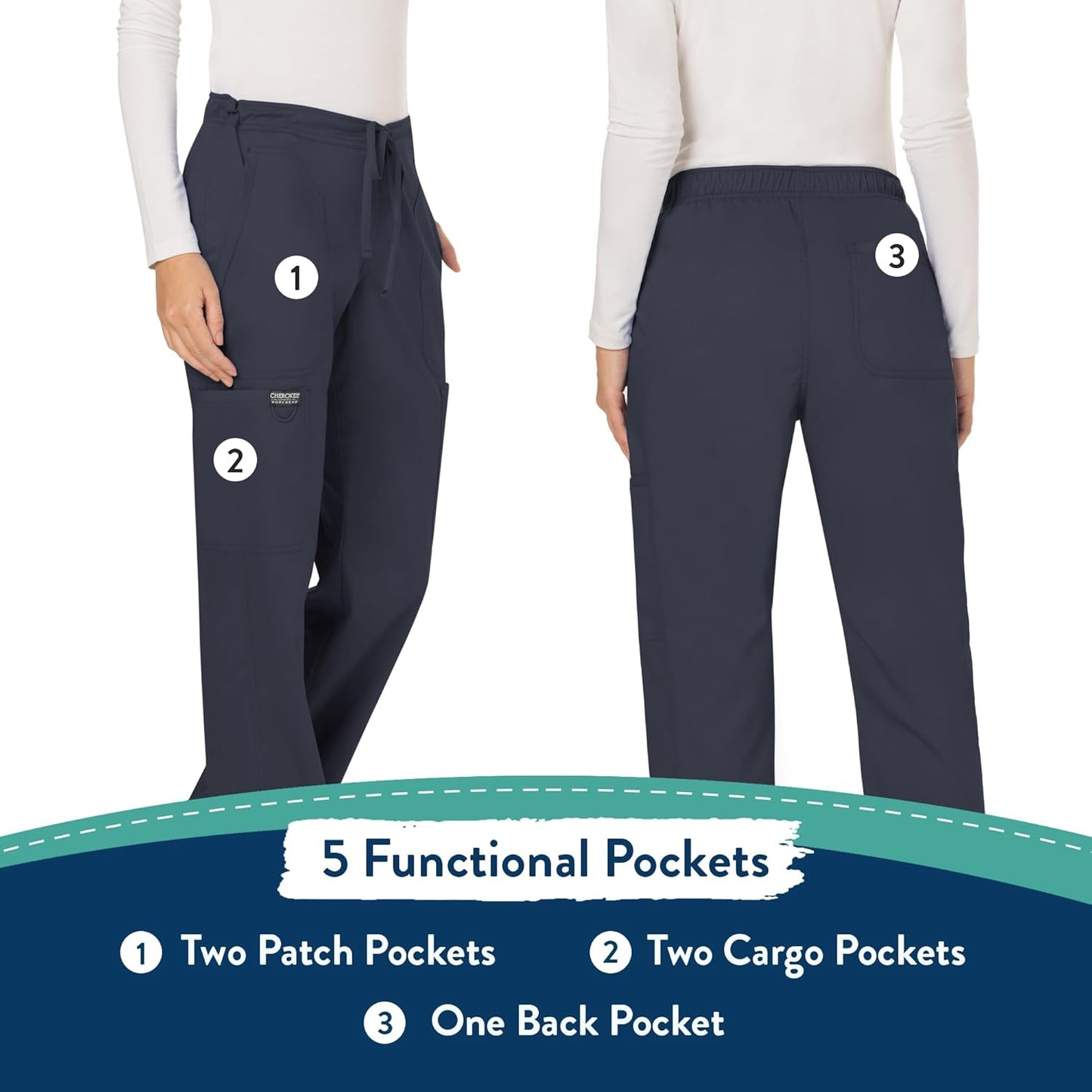 Cherokee Scrubs for Women Mid Rise Moderate Flare Drawstring Pant with 5 Pockets, Ultra Soft & Breathable Fabric - WW120