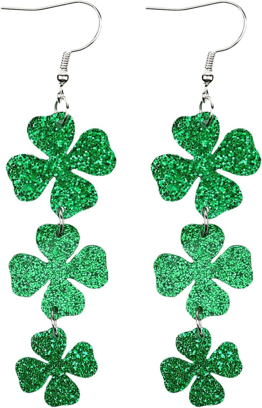 St Patricks Day Green Shamrock Clover Earrings for Women, Irish St. Patrick's Day Accessories Good Luck Hoop Dangle Glitter Earrings (Type 1)