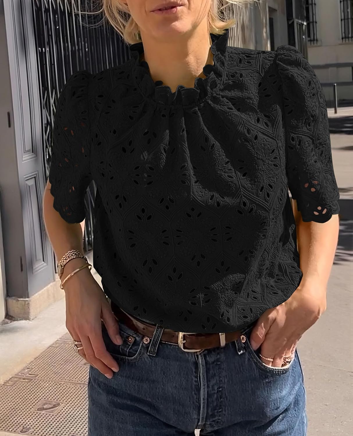 PRETTYGARDEN Summer Tops for Women 2025 Trendy Short Sleeve Eyelet Embroidered Dressy Casual Blouse Shirts