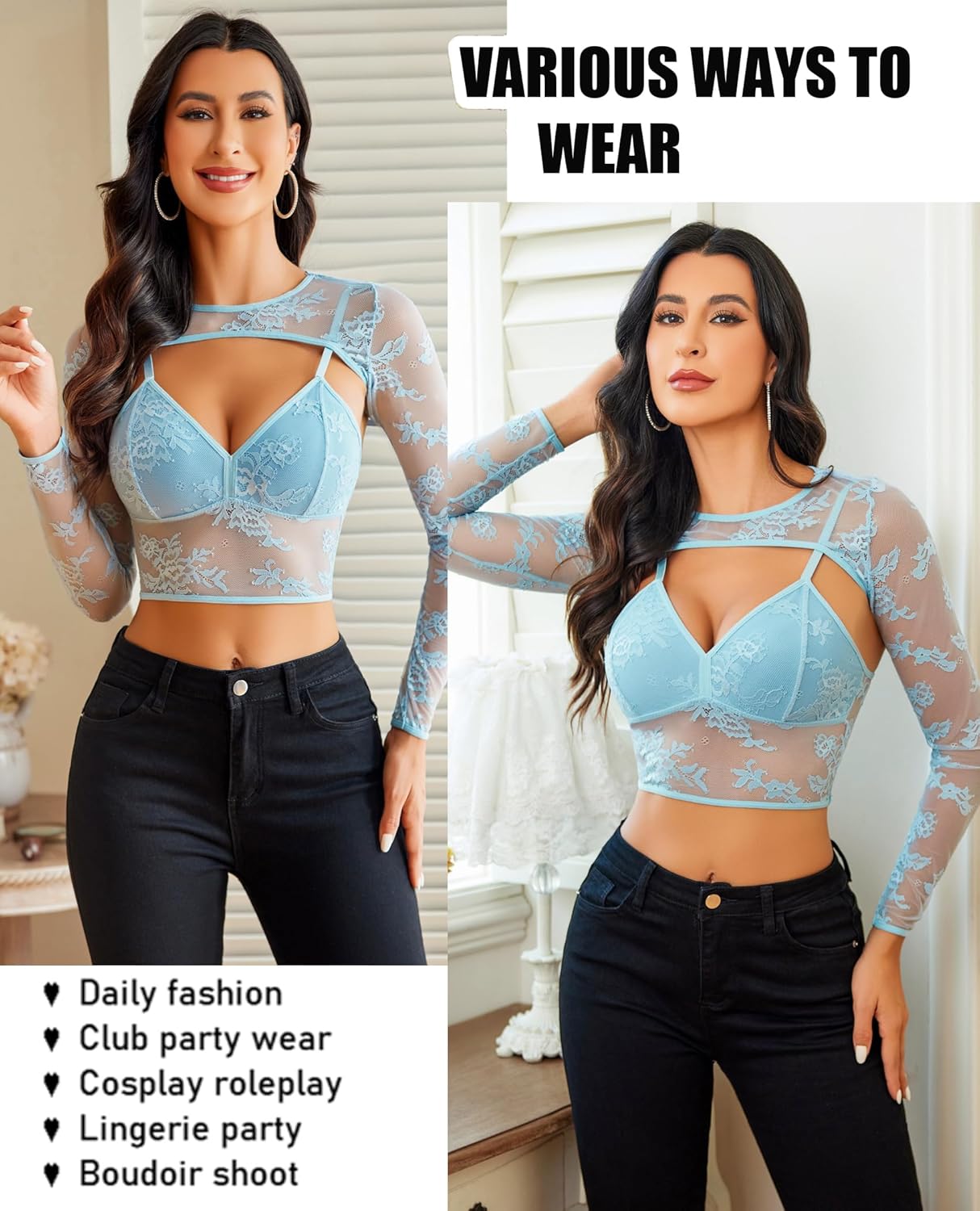 Avidlove Women's Going Out Tops Lace Long Sleeve Crop Top Shirt Shrug Top with Mesh Camisole Set Light Blue
