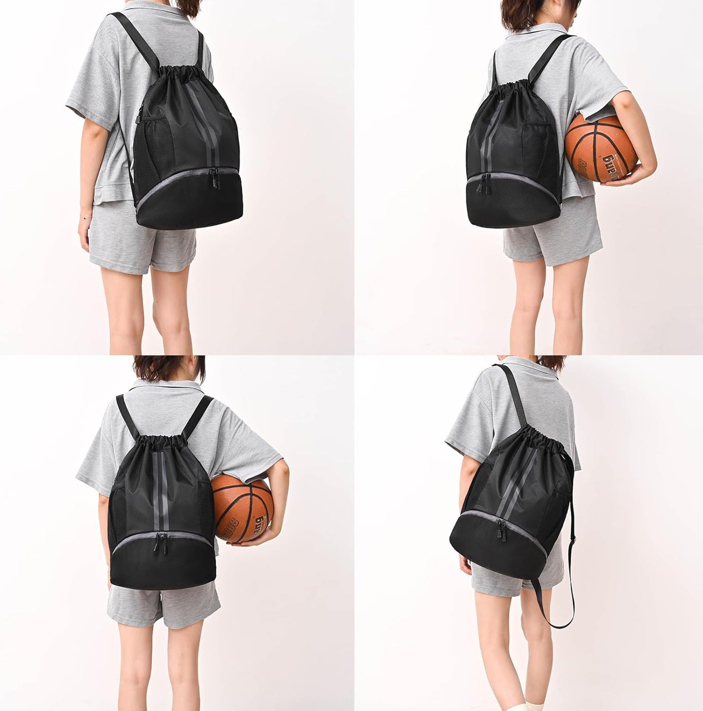 Drawstring Gym Bag for Men, Waterproof Drawstring Backpack for Women, Swim with Shoes Compartment, Pull String Sport Bag for Soccer and Basketball. (Grey)