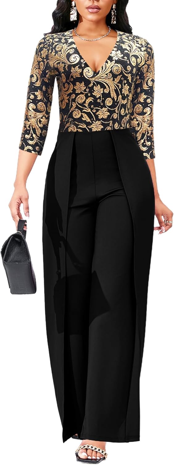 Sparkly Overlay Jumpsuit for Women Dressy Elegant Long Sleeve Long Split lightweight Pants Cocktail Jumpsuits