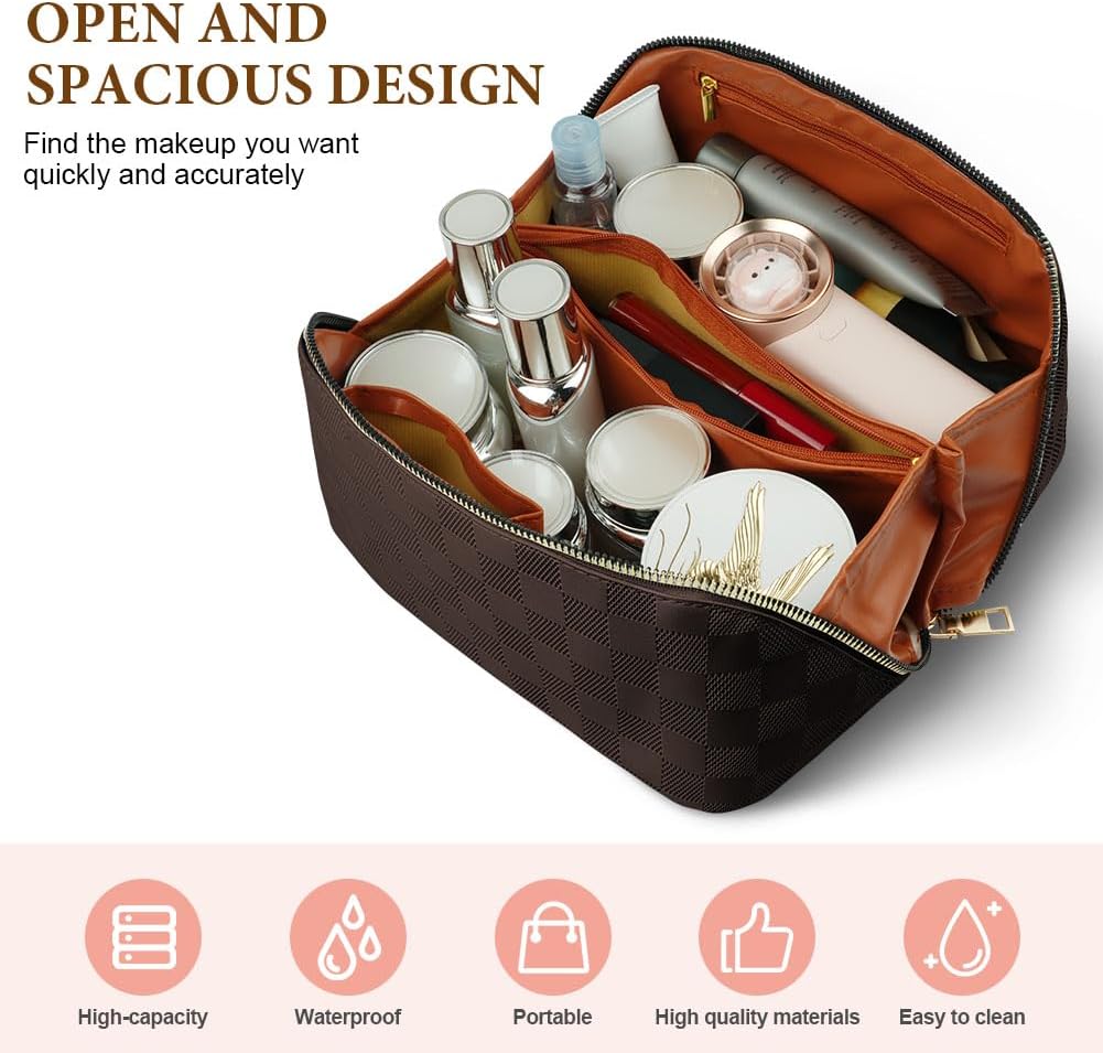 Premium PU Cosmetic Bag Travel Bag, Large Capacity Layered Cosmetic Bag Zipper Bag, Portable Travel Organizer Multifunctional Waterproof Bag, Easy to Carry (Checkerboard - Brown)