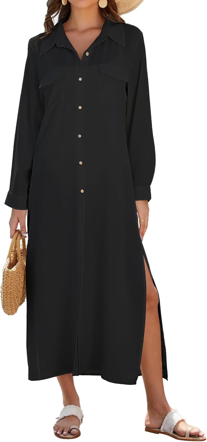 Bsubseach Swimsuit Cover Ups for Women Long Sleeve Shirt Cover Up Dress Beach Vacation Clothes Sundresses Resort Wear