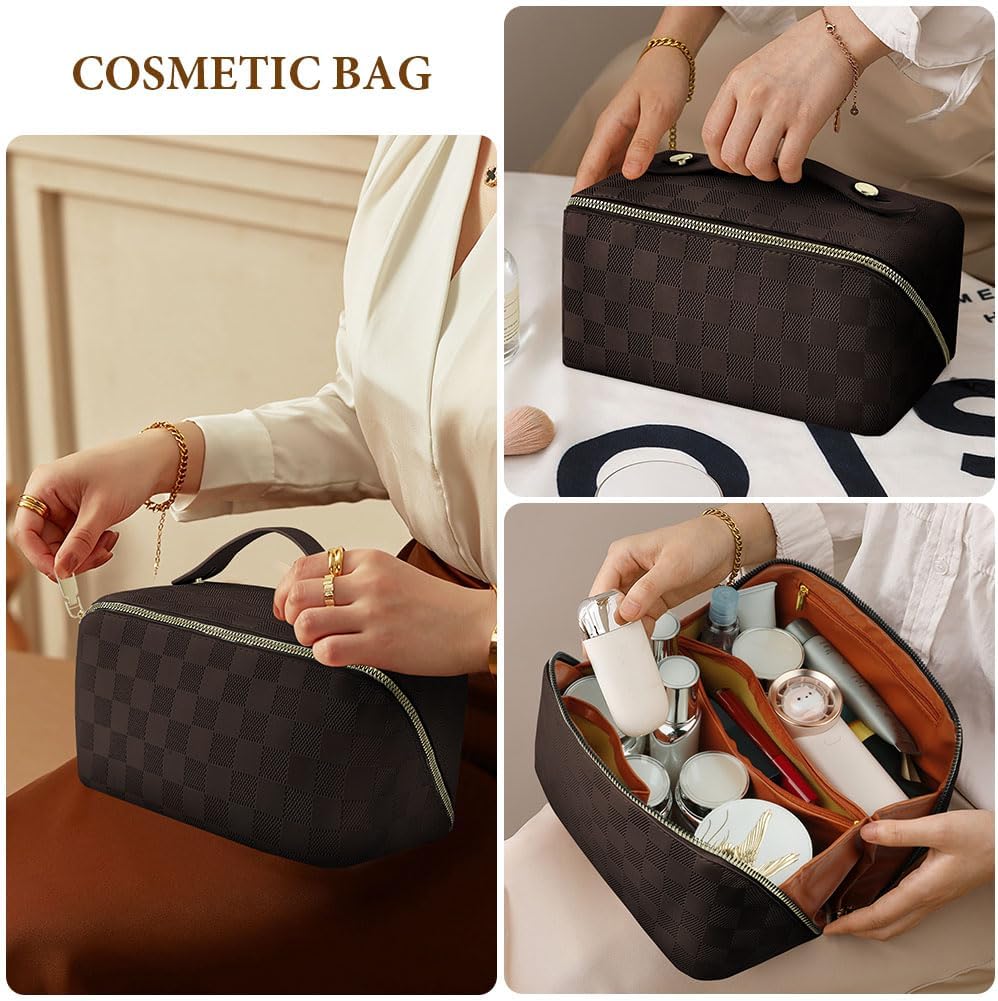 Premium PU Cosmetic Bag Travel Bag, Large Capacity Layered Cosmetic Bag Zipper Bag, Portable Travel Organizer Multifunctional Waterproof Bag, Easy to Carry (Checkerboard - Brown)