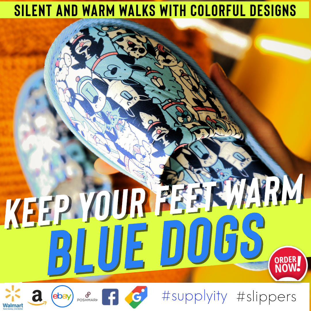 Chochili Men Blue Dog Home Slippers Blue White Lightweight Silent Walk Size 8 to 10