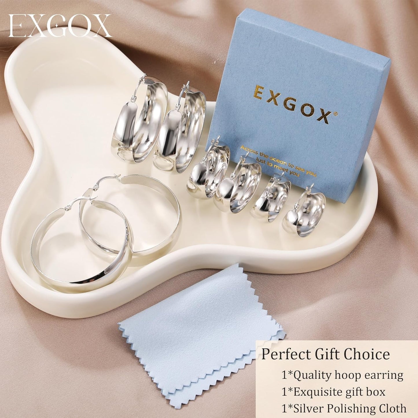 EXGOX Gold Hoop Earrings for Women Sterling Silver Post Hoops Earrings for Women Wide Thick Silver Hoop Earrings Hypoallergenic Lightweight 14k Real Gold Plated Hoop Large Earrings (25/30/40/50MM)