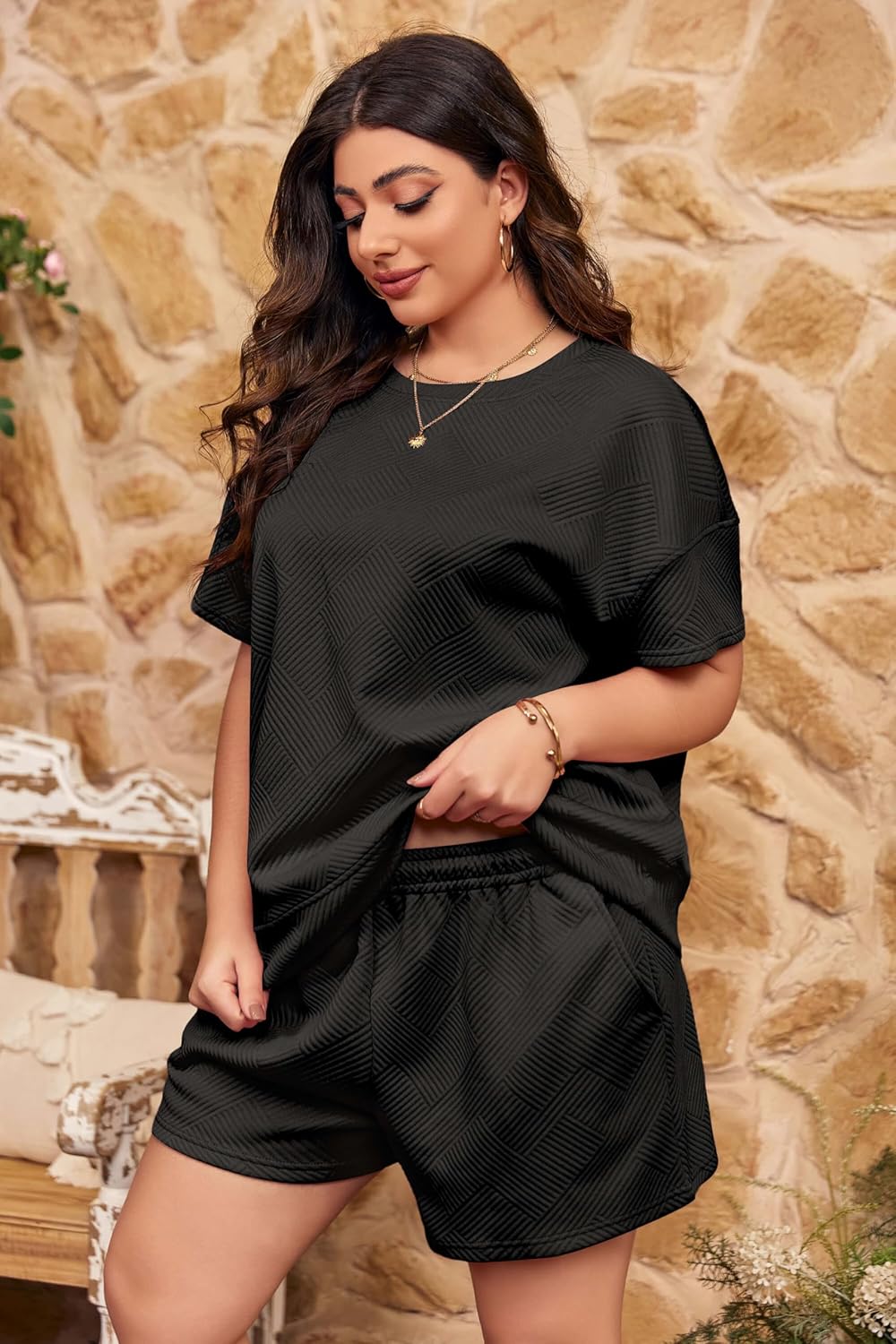 Imily Bela Womens Loungewear Set Short Sleeve Tops and Shorts 2 Piece Outfits Plus Size Oversized Pajama Set with Pockets