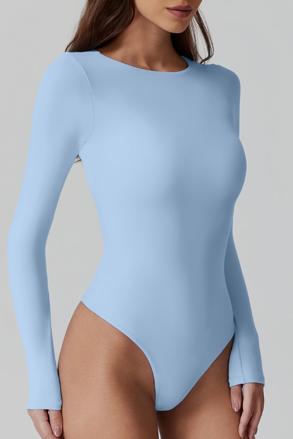 QINSEN Womens Crew Neck Long Sleeve Bodysuit Double Lined Body Suits Basic T-Shirt Tops