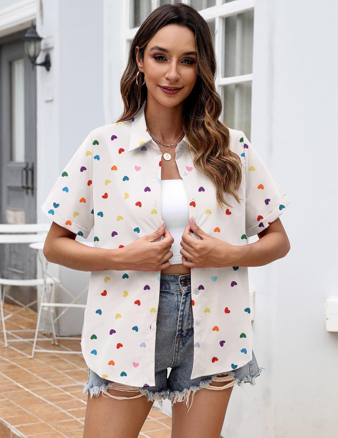 Zeagoo Womens Button Down Blouse Rolled Cuffed Short Sleeve Shirts Casual Work Blouse Summer Hawaiian Outfits