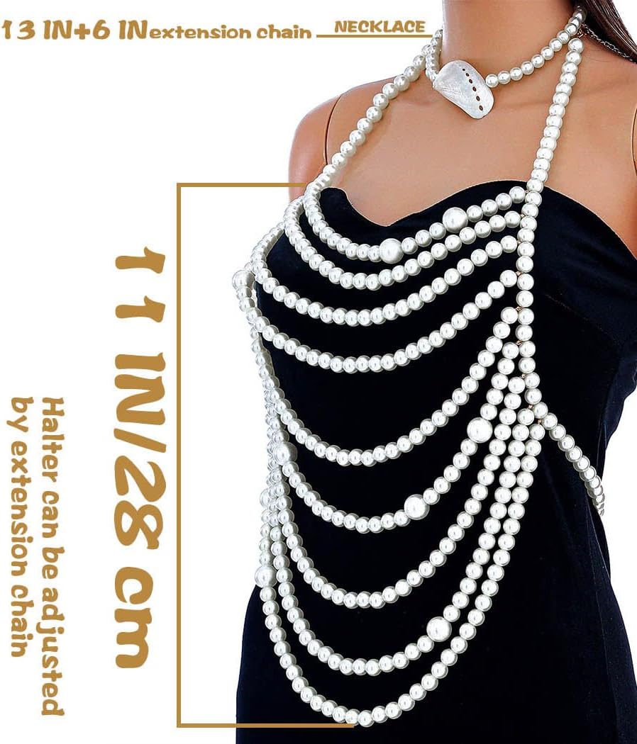 Uranian Pearl Body Chains Top Pearl Bra Chain Layered Shoulder Chain Necklaces Halter Chest Chains Beach Bikini Body Jewelry for Women