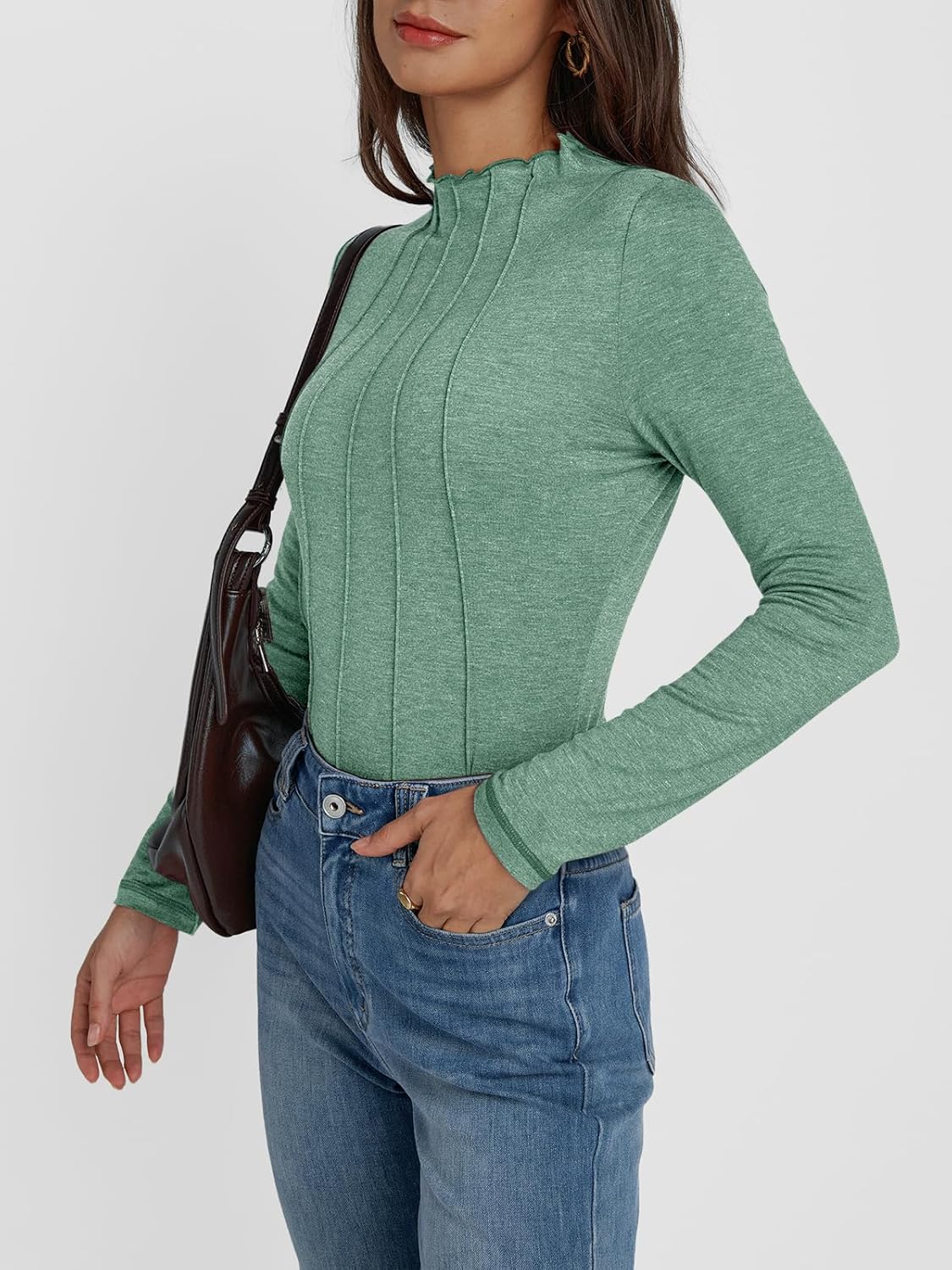 AUTOMET Pleated Long Sleeve Shirts Womens Lettuce Trim Mock Neck Blouses Casual Slim Fit Tops