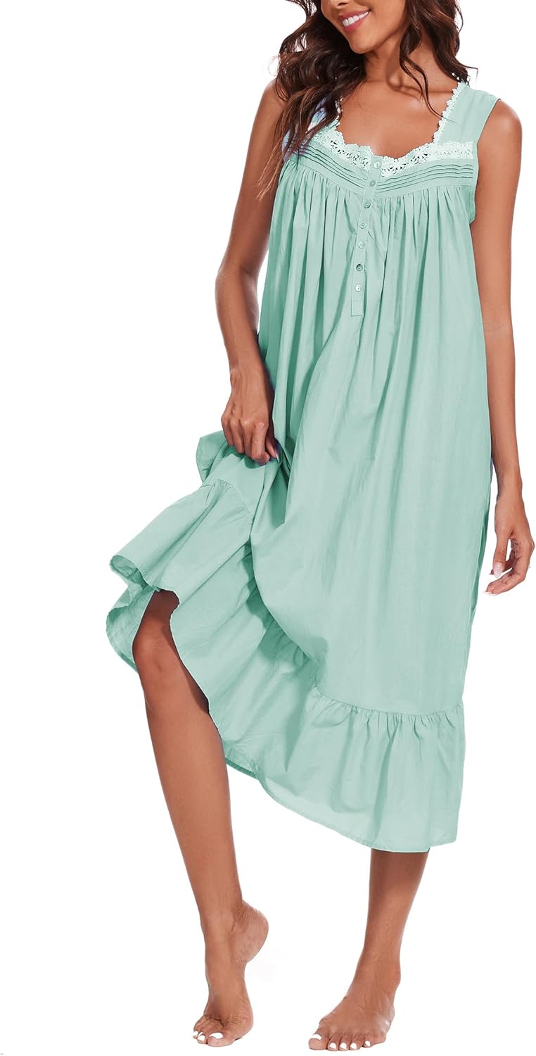AVIIER 100% Cotton Nightgowns for Women Sleeveless Sleep Dress Ladies Gowns Sleepwear with Pockets