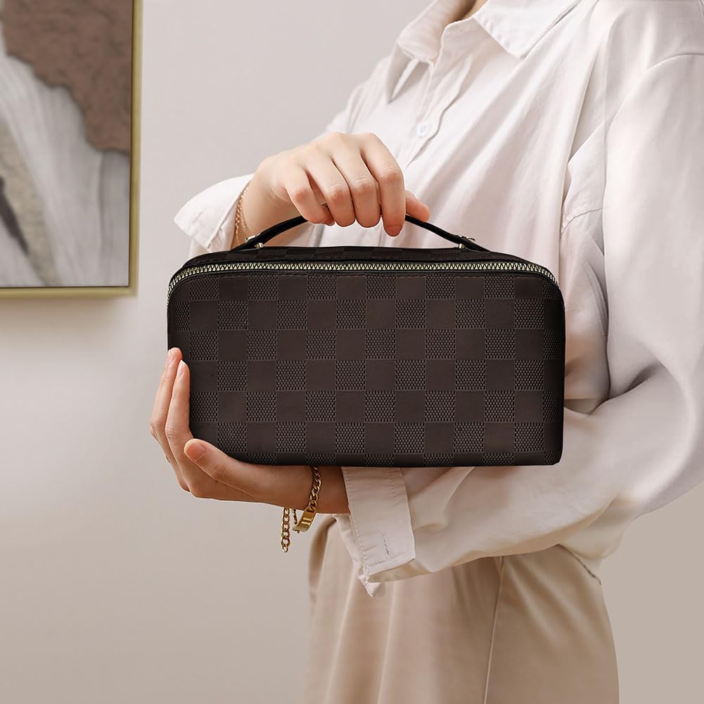 Premium PU Cosmetic Bag Travel Bag, Large Capacity Layered Cosmetic Bag Zipper Bag, Portable Travel Organizer Multifunctional Waterproof Bag, Easy to Carry (Checkerboard - Brown)