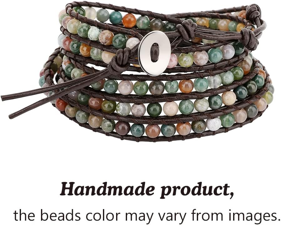 Layered Leather Bracelet, Rivet Leopard Print Bohemian Style Multilayer Wrap Bracelet, Handmade Agate Amethyst Chakra Crystal Glass Beaded Shell Bracelet for Women