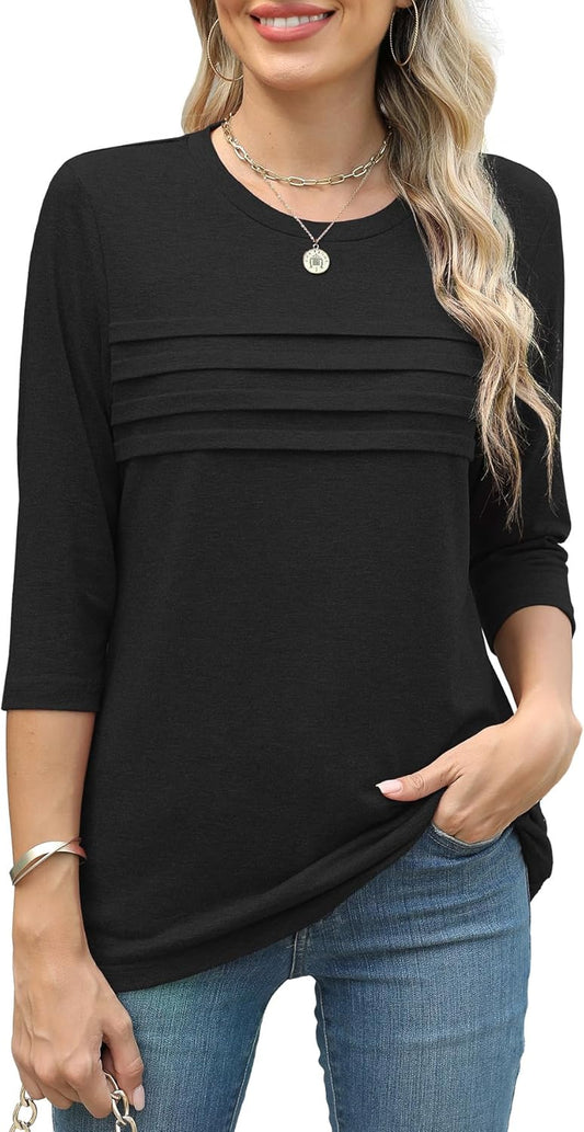 JomeDesign 3/4 Length Sleeve Womens Tops Round Neck Casual Tunic Tops Pleated Shirts Dressy