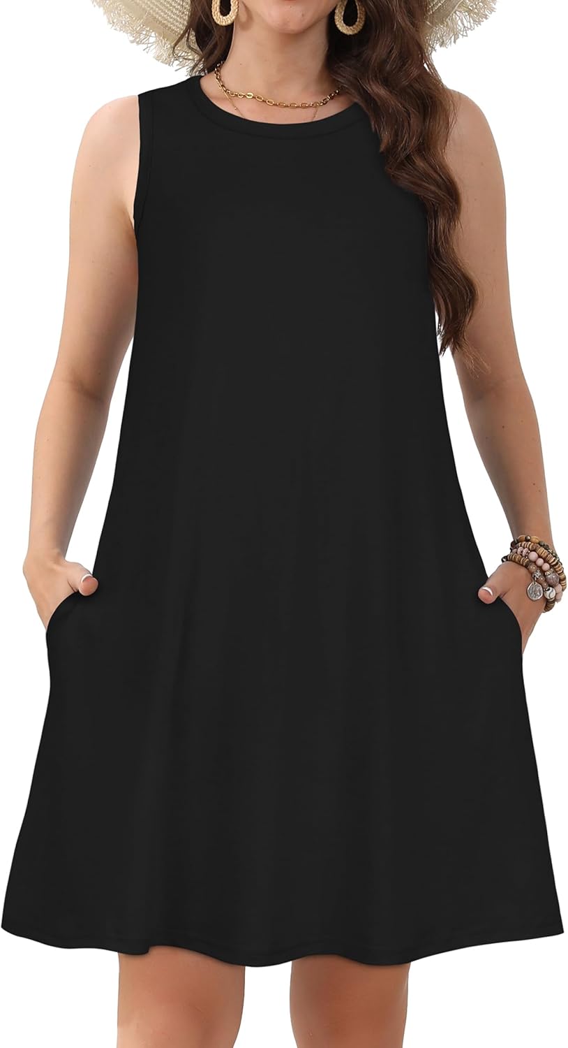 Womens Summer Dresses Casual Sleeveless Tshirt Sundress Beach Cover Up with Pockets Loose Tank Dress