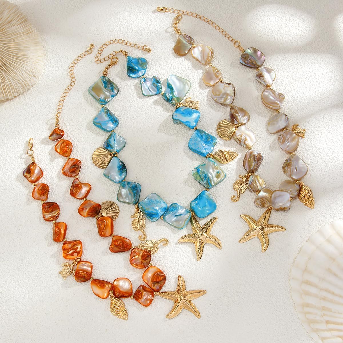Chunky Pearl Necklace&Bracelet for Women Beach Starfish Shell Boho Statement Jewelry Vacation Freshwater Pearl Choker Summer Coastal Accessories