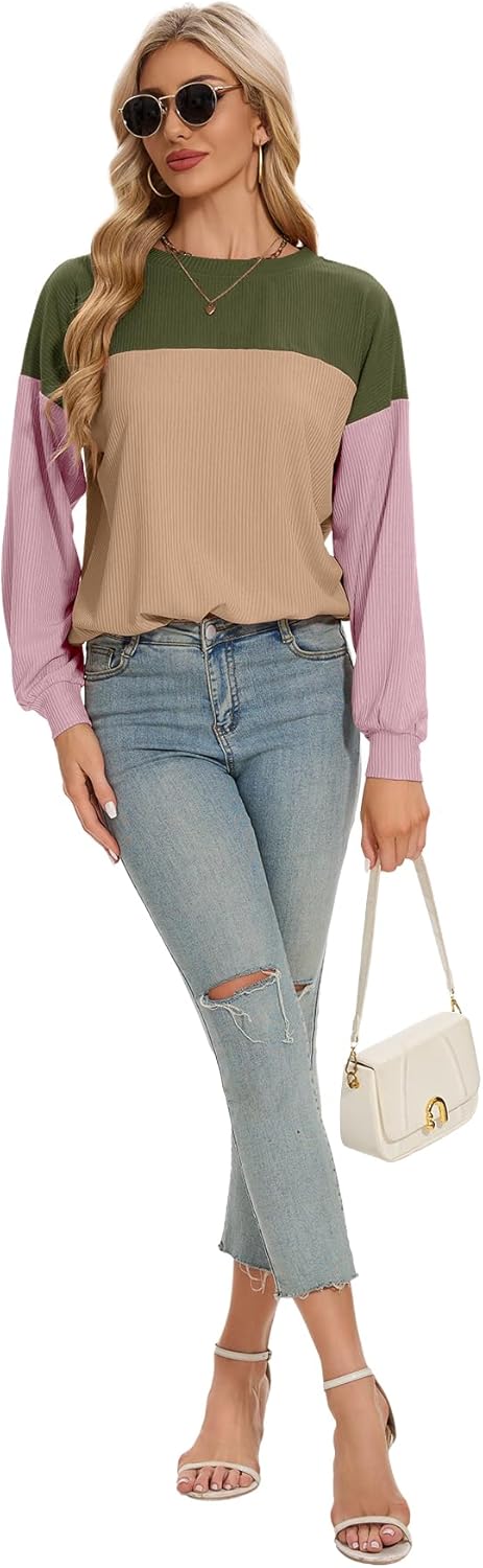 Long Sleeve Shirts for Women Color Block Tops Fall Fashion Ribbed Knit Tops Casual Loose Crewneck Pullover Shirts