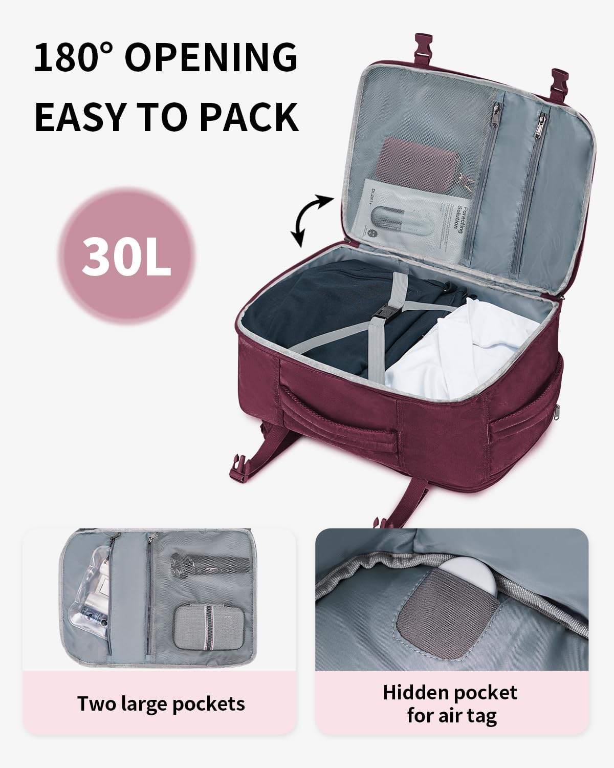 ECOHUB Travel Backpack for Women, 18x14x8 Spirit Airlines Personal Item Bag with Clear Toiletry Bag, Laptop Carry on Backpack with USB Port, Airline Approved Under Seat 14 Pockets 30L, Red