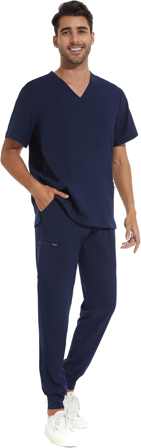 COZYFIT Men Scrubs Set — Stretch V-Neck Scrub Top & Jogger Pant with 8 Pockets, Yoga Waistband, Anti-Wrinkle Scrubs for Men