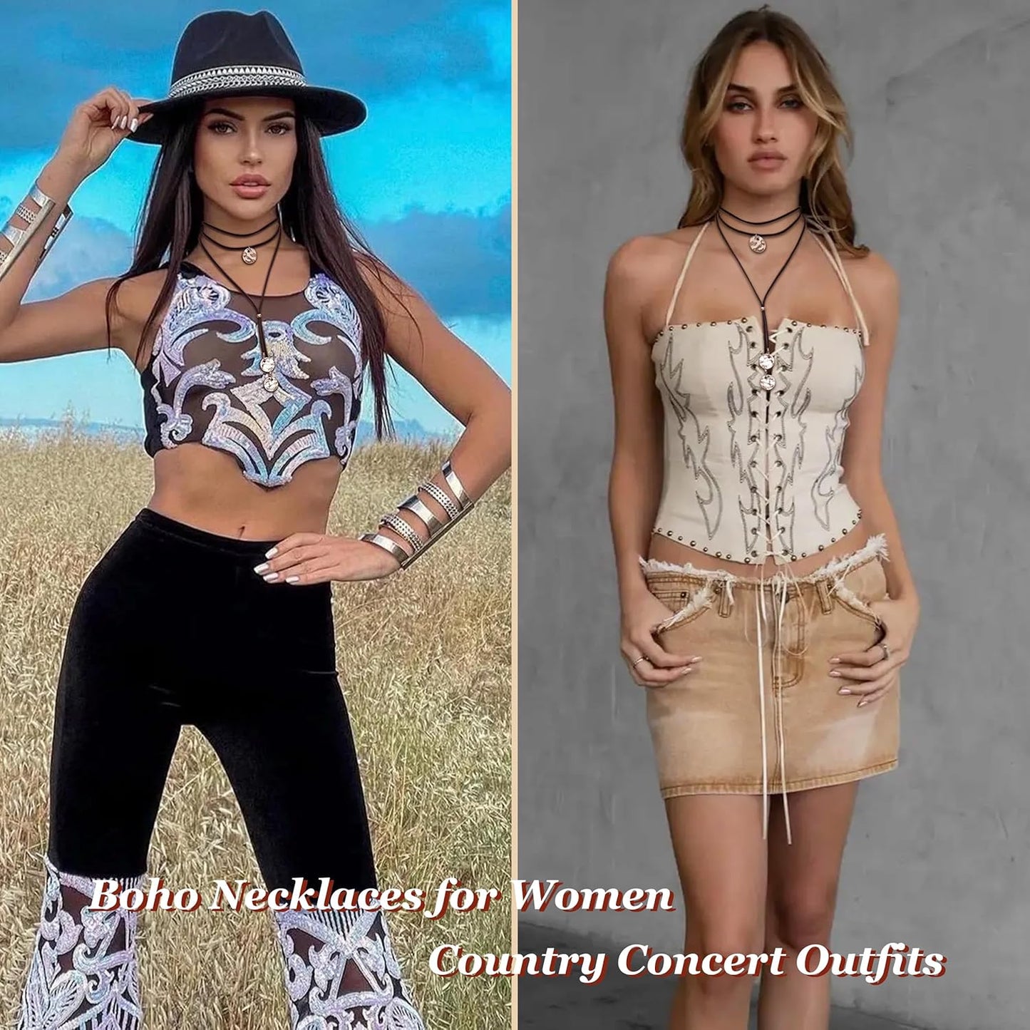 Boho Necklaces for Women Country Concert Outfits Nashville Western Outfit for Women Choker Necklaces Long Leather Necklace Western Dress Jewelry Country Cowgirl Accessories Gifts