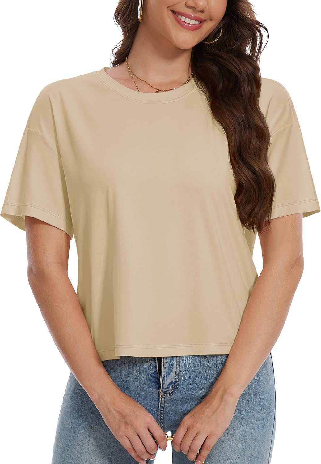 YUCOLEN Women's Crop Tops Summer Short Sleeve Cotton UPF 50+ Round Neck Casual Loose Cropped T-Shirts Solid Basic Tees