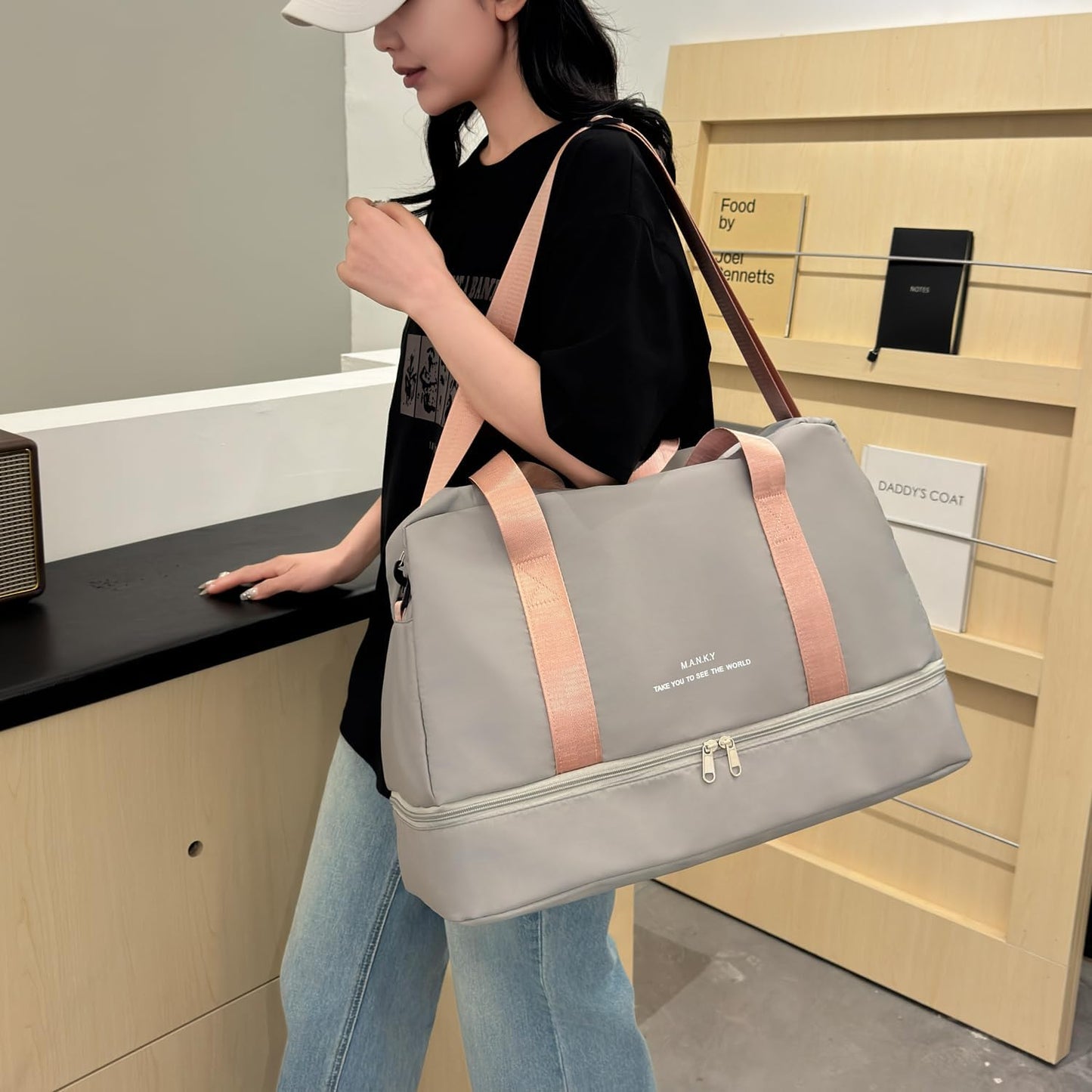 FOAN & MABLE Light Sports Travel Duffel Bag with Shoe Compartment, Large Capacity Gym Bag with Wet Pocket for lady (Grey)
