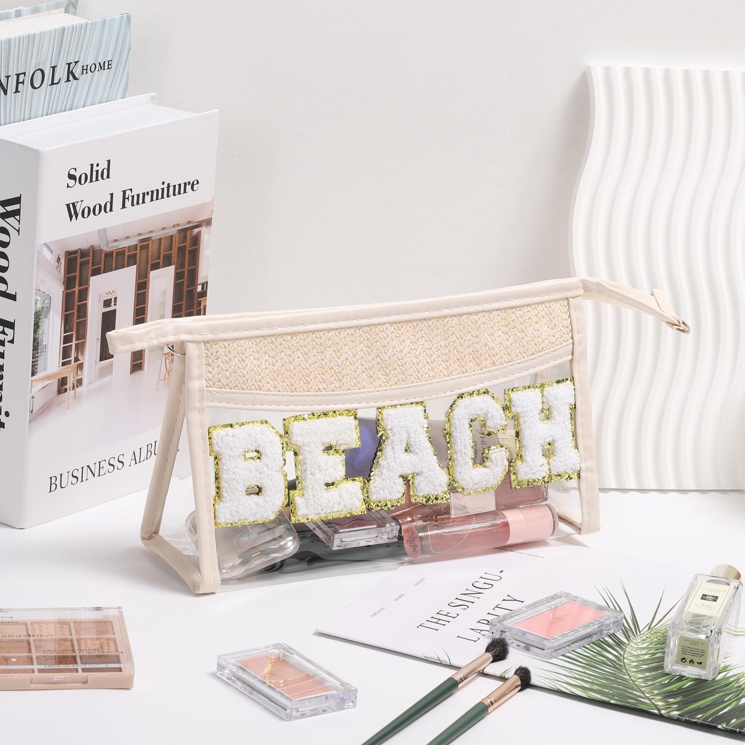 Etercycle Boho Patch BEACH Makeup Bag, Clear PVC Travel Toiletry Bag Waterproof Beach Bags for Women, Small Chenille Letter Bag With Zipper for Beach Travel Essentials