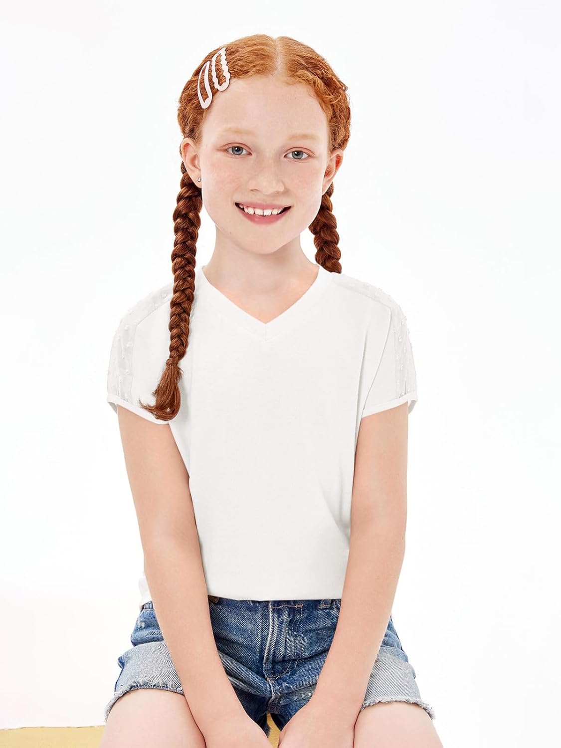 Haloumoning Girls V Neck T-Shirts Kids Summer Swiss Dot Short Sleeve Tops Cute Fashion Tees 5-14 Years