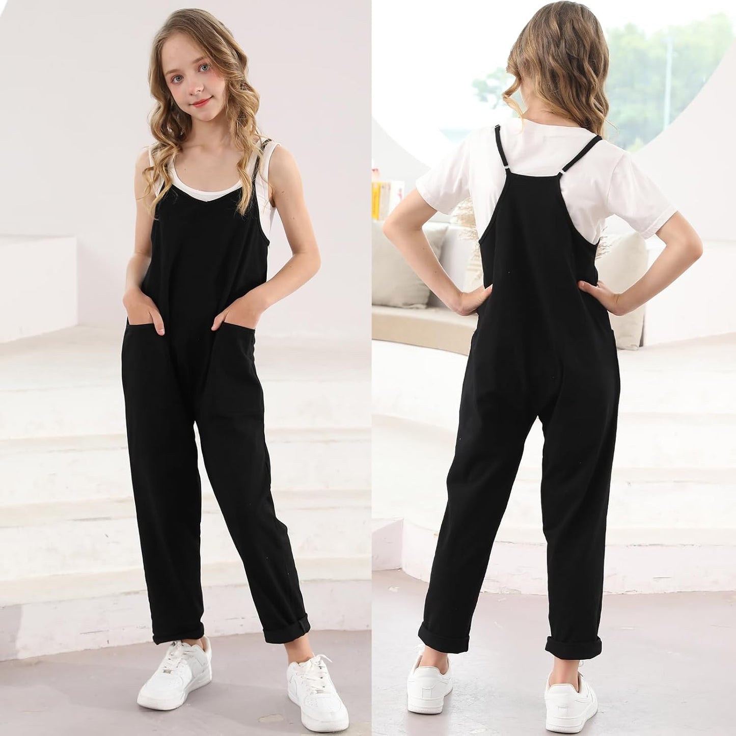 RAISEVERN Jumpsuits for Girls Casual Sleeveless Loose Spaghetti Strap Summer Rompers Long Pants with Pockets