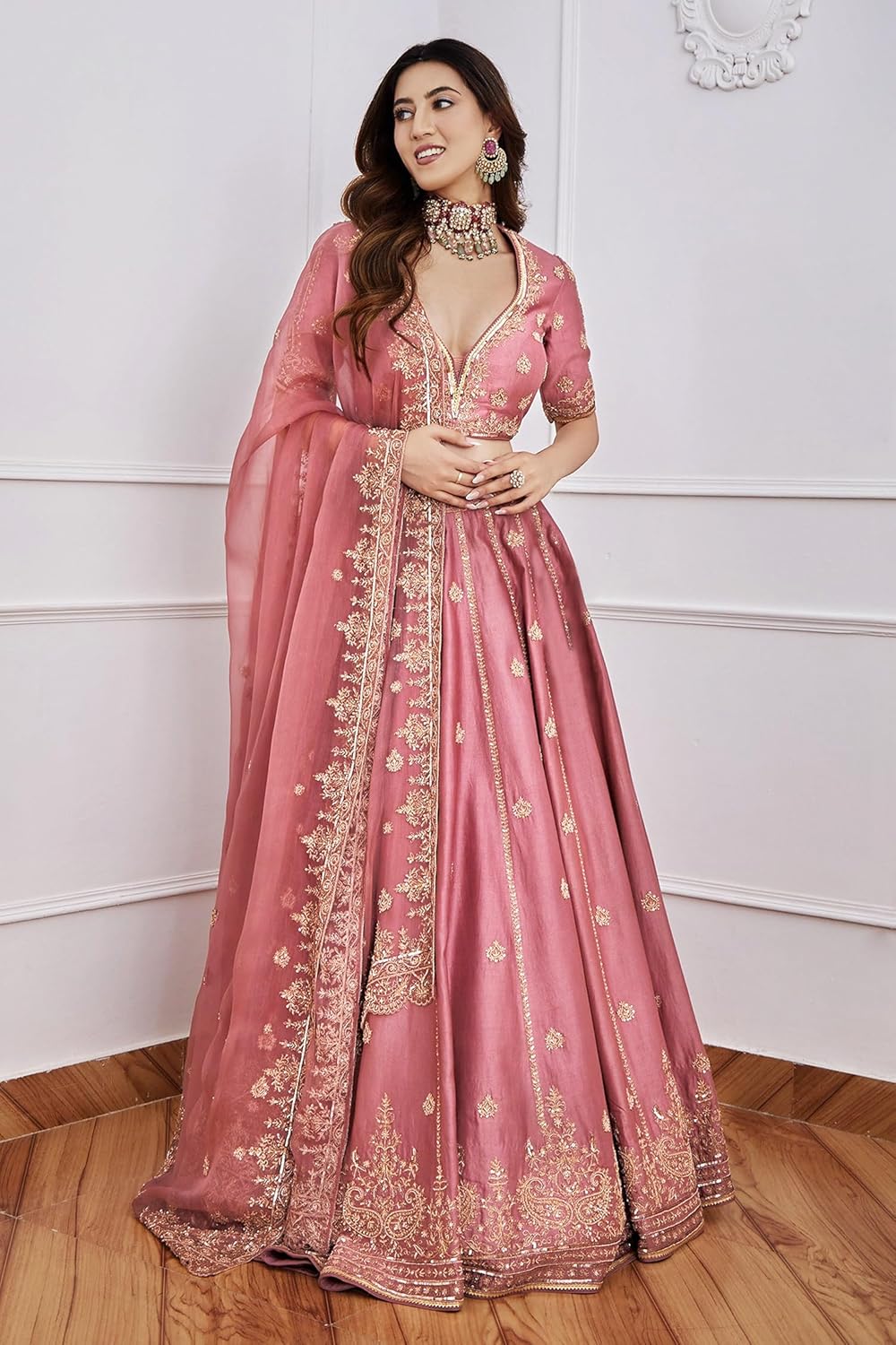TRENDMALLS Satin Embroidery Sequence Work Lehenga Choli Unstitch Blouse with Dupatta For Women (L257-DarkPeach-FreeSize)