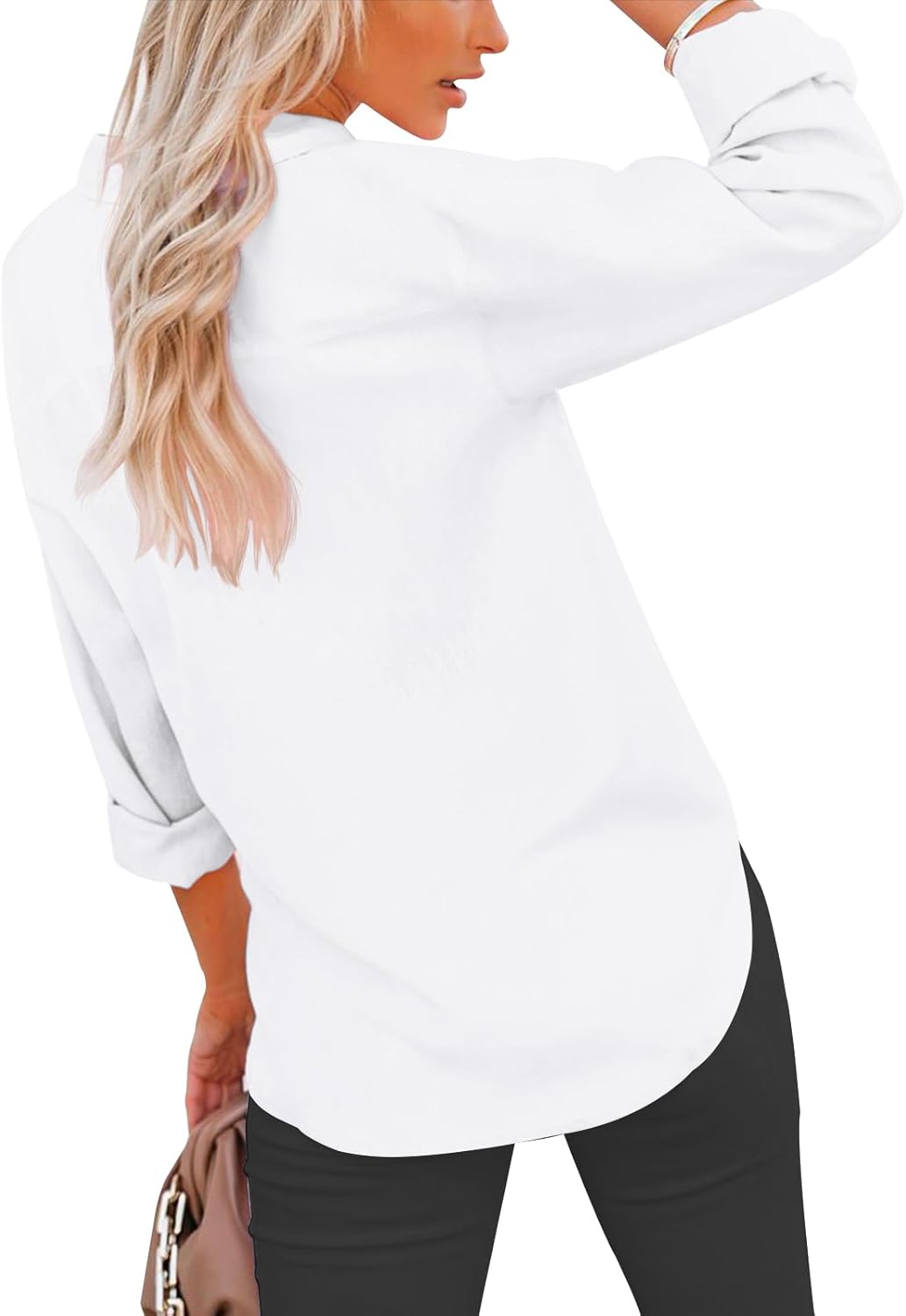 Womens Oxford Shirts Button Down Shirts Cotton Dress Shirts Long Sleeve Collared Work Office Blouses Tunic Tops - White L