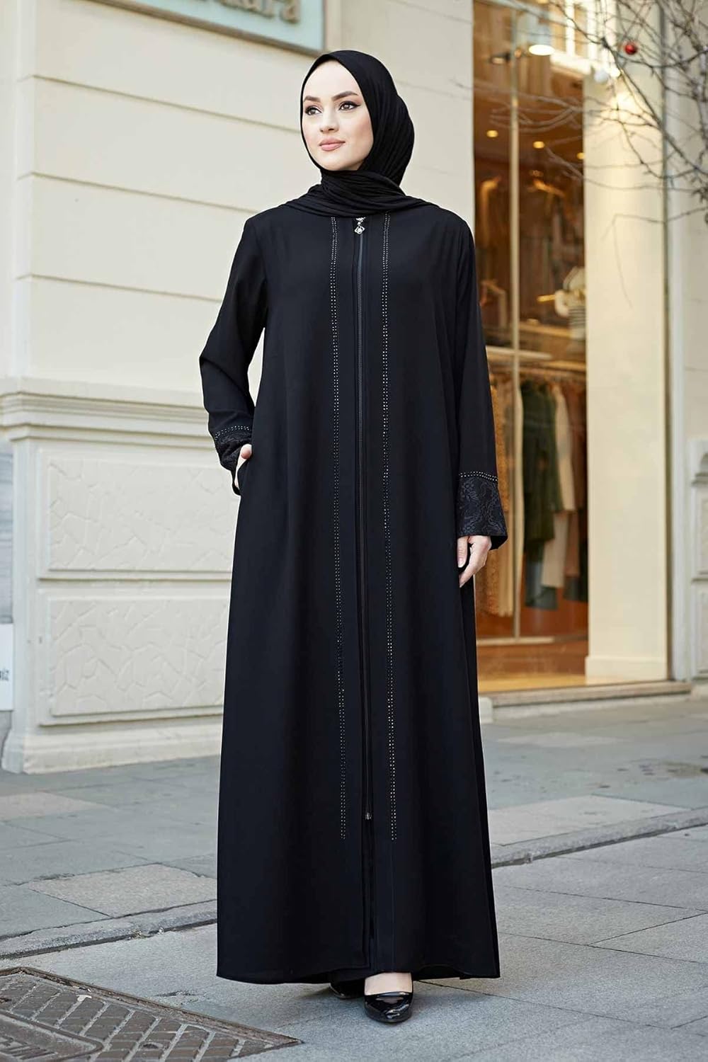 Women's Abaya Lace Applique Long Sleeve Floor Length Turkey Zipper Islamic Fashion