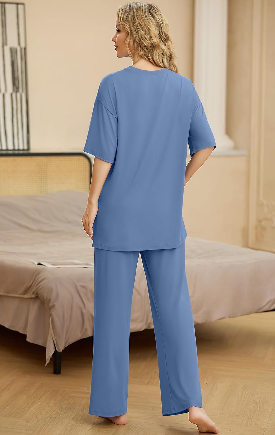 PrinStory Womens Pajamas Sets 2 Piece Lounge Set Short Sleeve Tops and Long Pants Soft Pjs Loungewear with Pockets