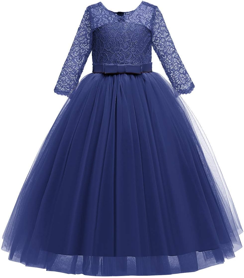 Girls Flower Vintage Floral Lace 3/4 Sleeves Floor Length Dress Wedding Party Evening Formal Pegeant Dance Gown