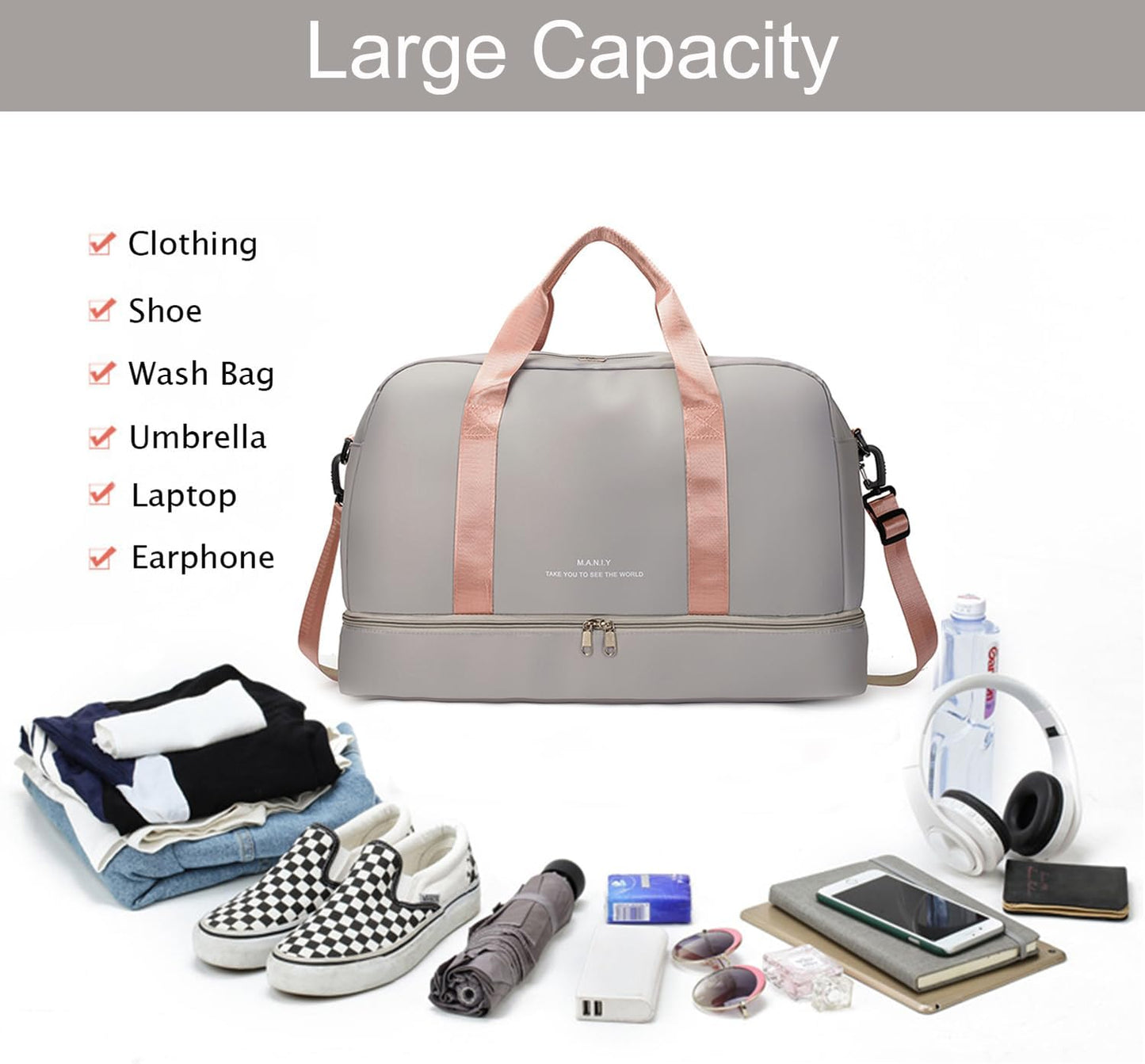 FOAN & MABLE Light Sports Travel Duffel Bag with Shoe Compartment, Large Capacity Gym Bag with Wet Pocket for lady (Grey)