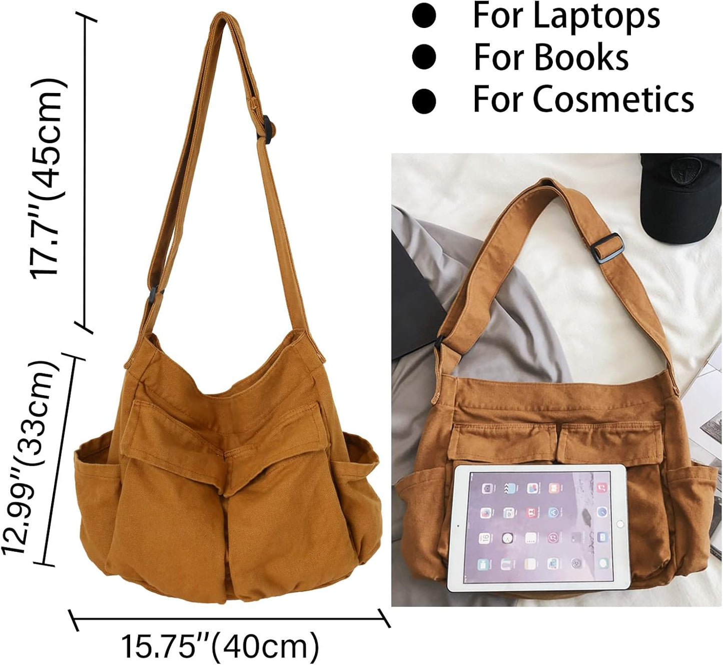 KlaOYer Canvas Messenger Bag Large Hobo Bag Crossbody Shoulder Bag Tote Bag with Pocket for Women and Men