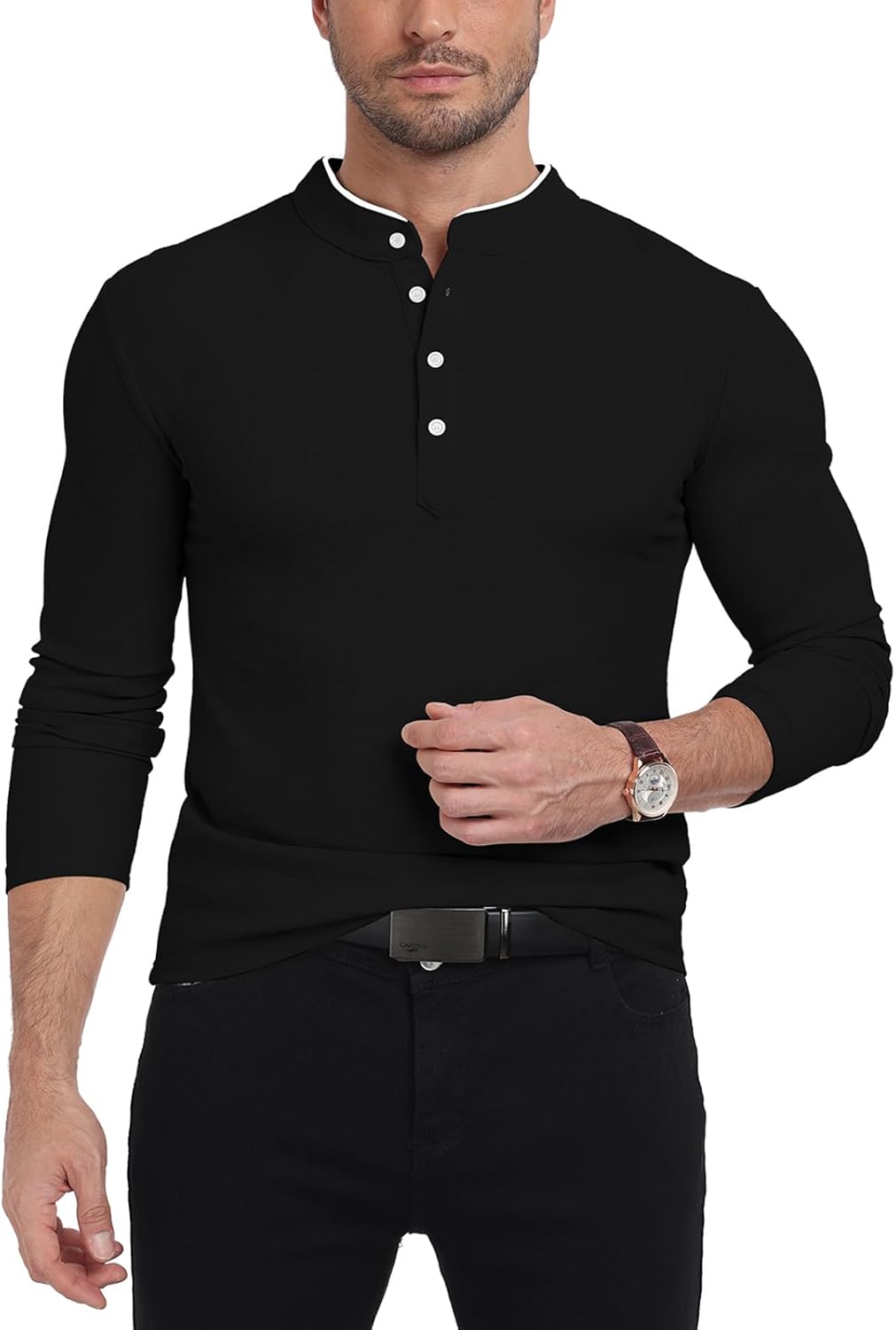 KUYIGO Men's Long Sleeve Slim Fit Mandarin Polo Shirts Waffle Button Fashion Casual Tops T-Shirt