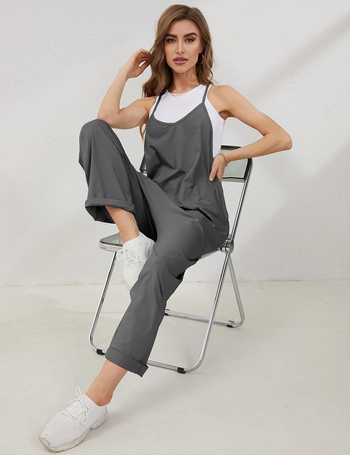 Lentta Women's Causal Jumpsuits V Neck Sleeveless Harem Overalls Stretchy Adjustable Strap Romper with Pockets