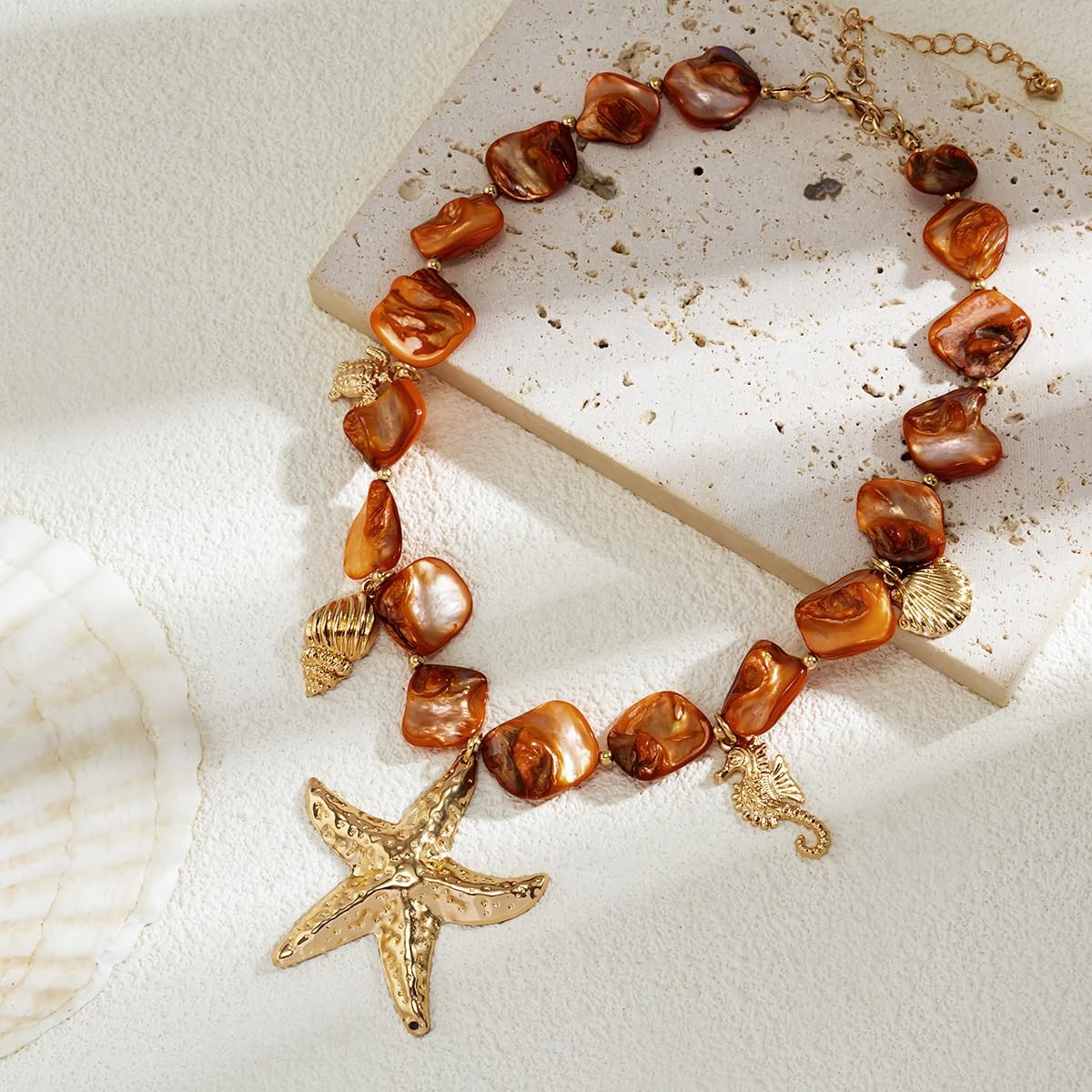 Chunky Pearl Necklace&Bracelet for Women Beach Starfish Shell Boho Statement Jewelry Vacation Freshwater Pearl Choker Summer Coastal Accessories