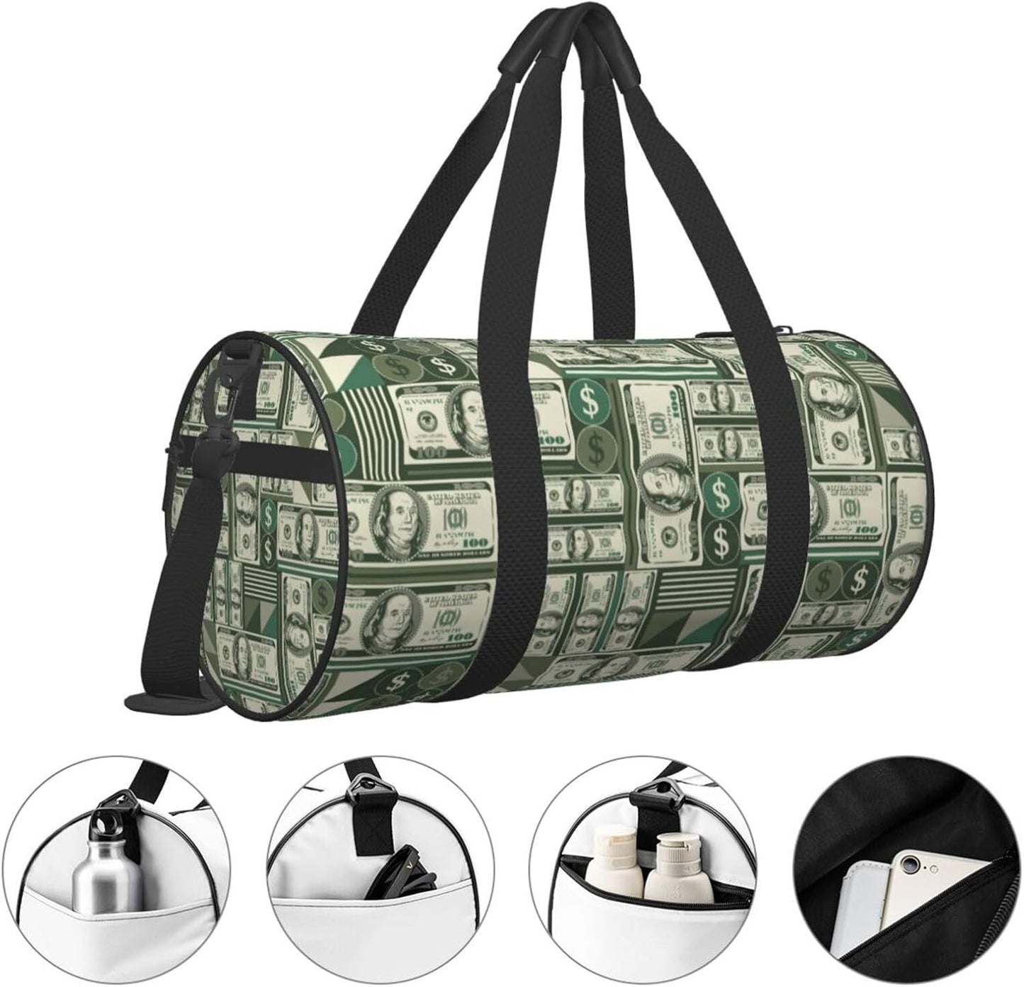 Money Sports Gym Bag Geometric Hundred Dollar Bills Travel Duffel Bag Shoes Compartment For Men Women Foldable Lightweight Yoga Gym Sports Bag
