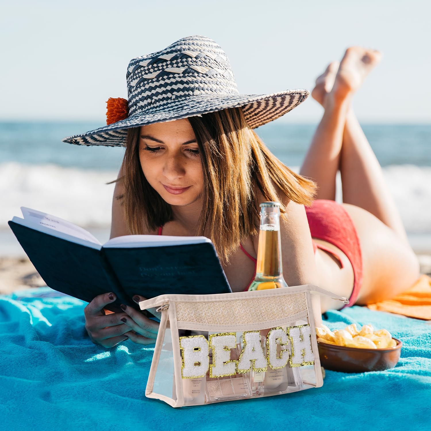 Etercycle Boho Patch BEACH Makeup Bag, Clear PVC Travel Toiletry Bag Waterproof Beach Bags for Women, Small Chenille Letter Bag With Zipper for Beach Travel Essentials