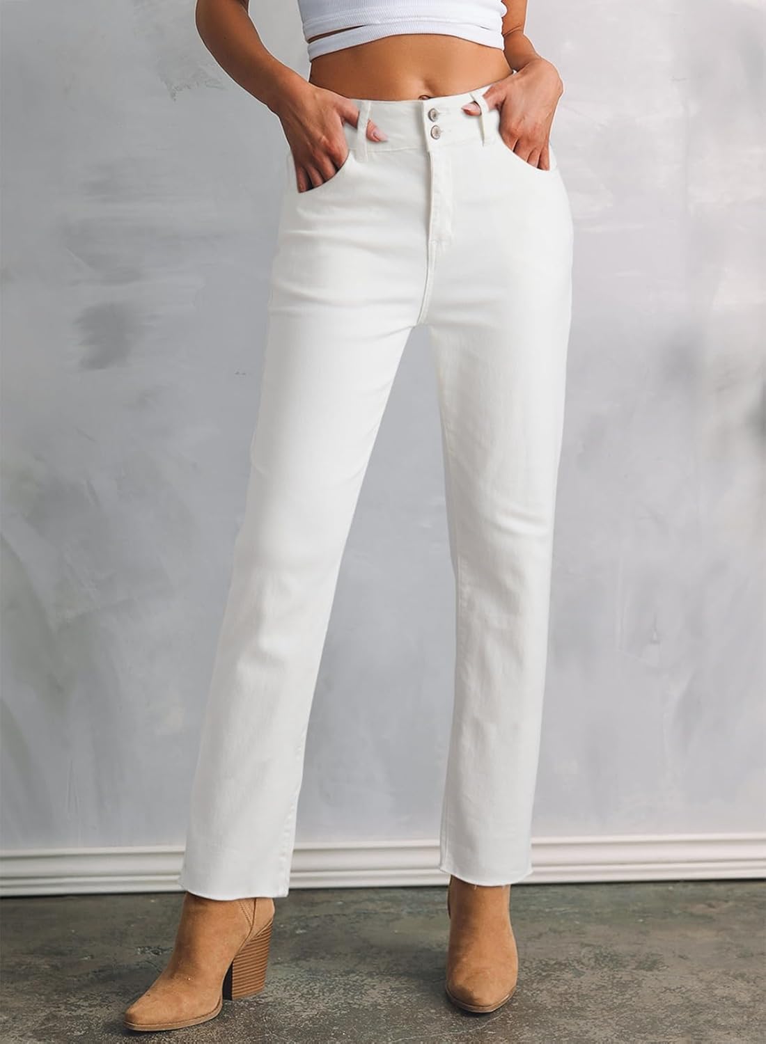 Sidefeel Women's High Waisted Jeans Strechy Fashion Raw Hem Straight Leg Ankle Denim Pants with Pockets