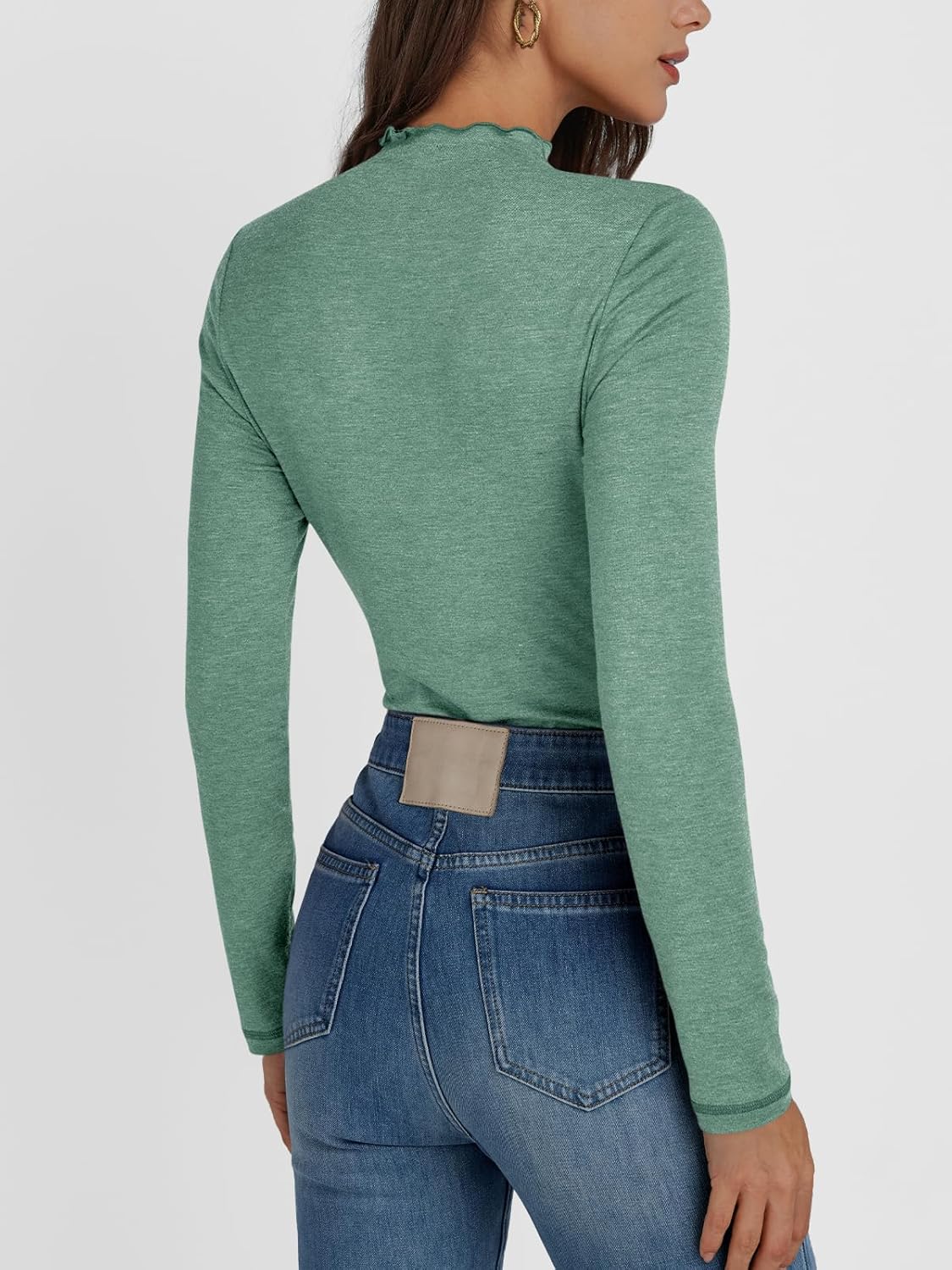 AUTOMET Pleated Long Sleeve Shirts Womens Lettuce Trim Mock Neck Blouses Casual Slim Fit Tops
