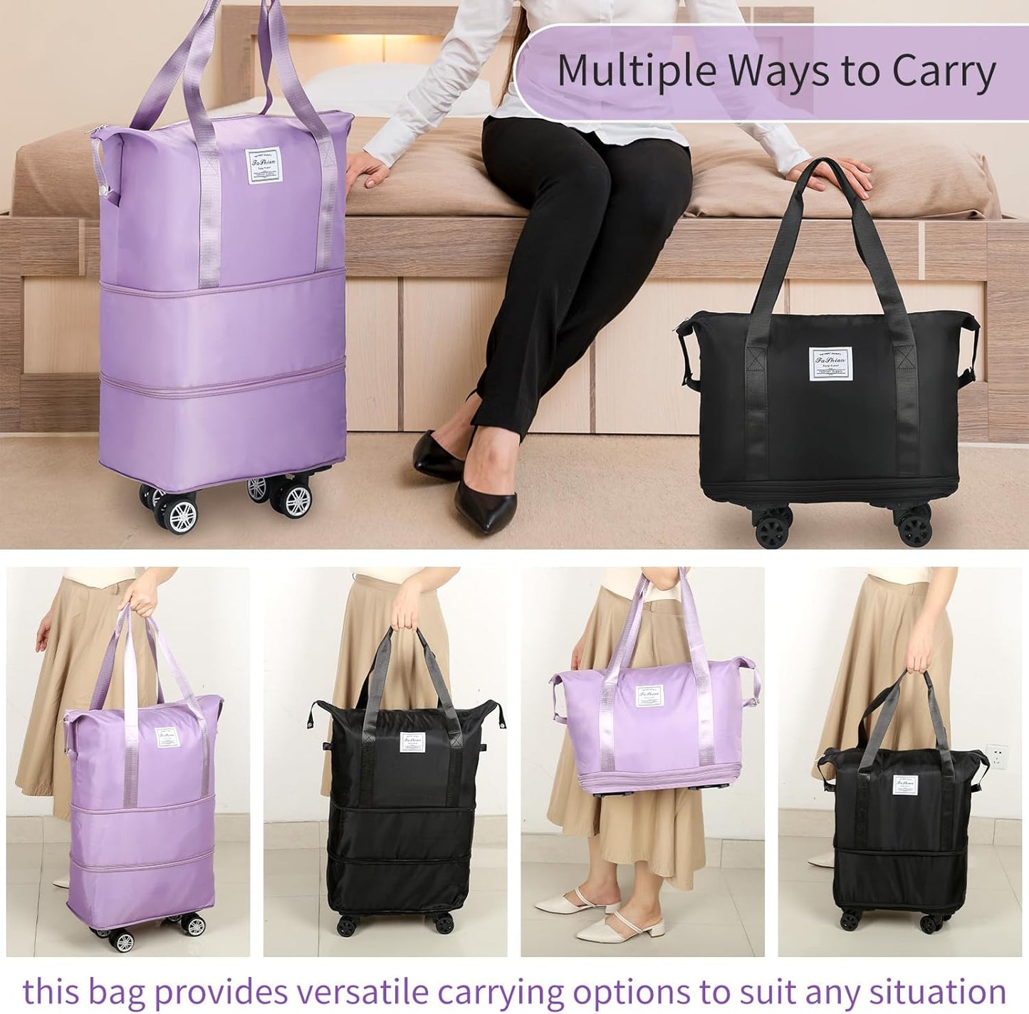 VOOWO Rolling Duffle Bag with Wheels, Expandable Foldable Duffle Bag for Travel, Rolling Under Seat Luggage Carry on Duffel Bags, Wheeled Travel Duffel Weekend Bags, Capacity 18L to 44L (Black)