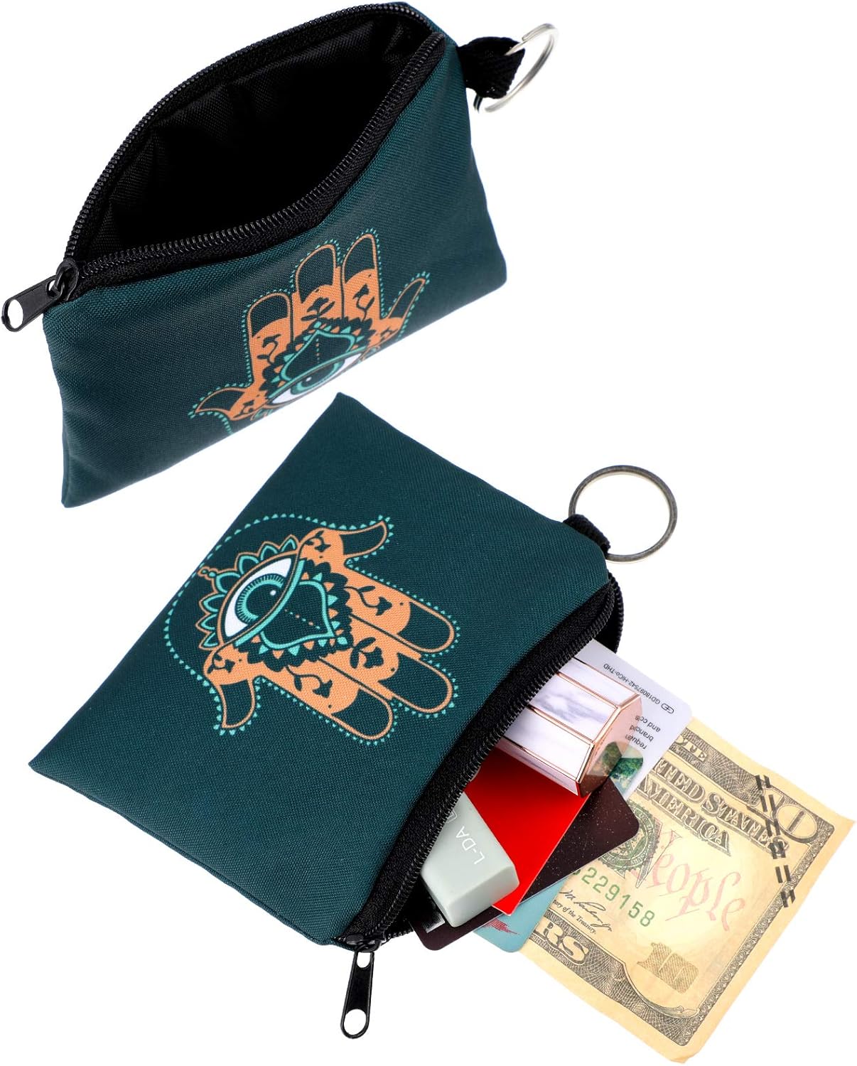 Hicarer 10 Pieces Small Coin Purse Boho Change Purse Pouch Printed Mini Wallet Coin Bag with Zipper for Women Girls (Evil Eye Print,4.7 x 3.94 Inch)