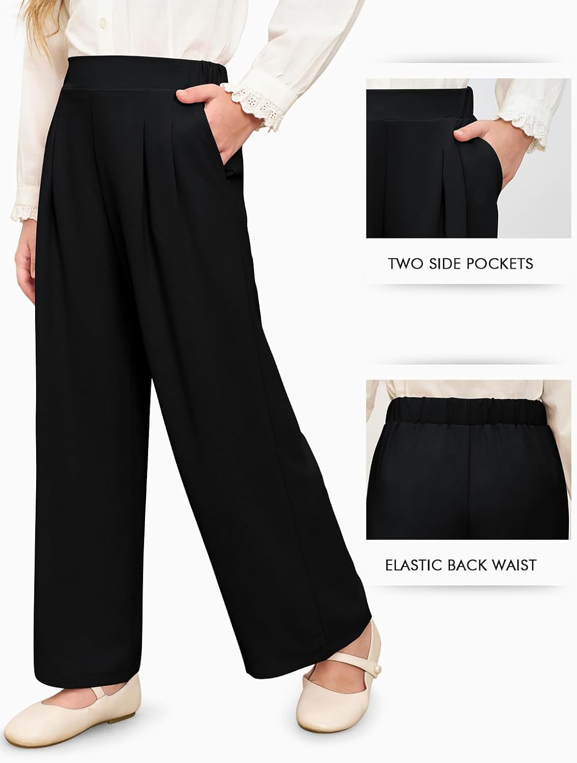 Haloumoning Girls High Waisted Uniform Pants Kids Wide Leg Dress Pants Casual Trousers with Pockets 5-14 Years