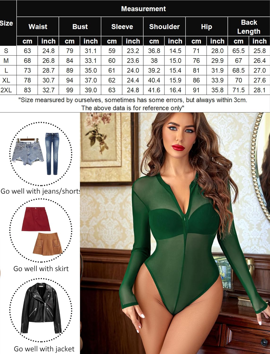 Avidlove Womens Mesh Bodysuit Long Sleeve Snap Crotch Bodysuit See Through Zipper Sheer Leotards Sexy Bodysuit Tops