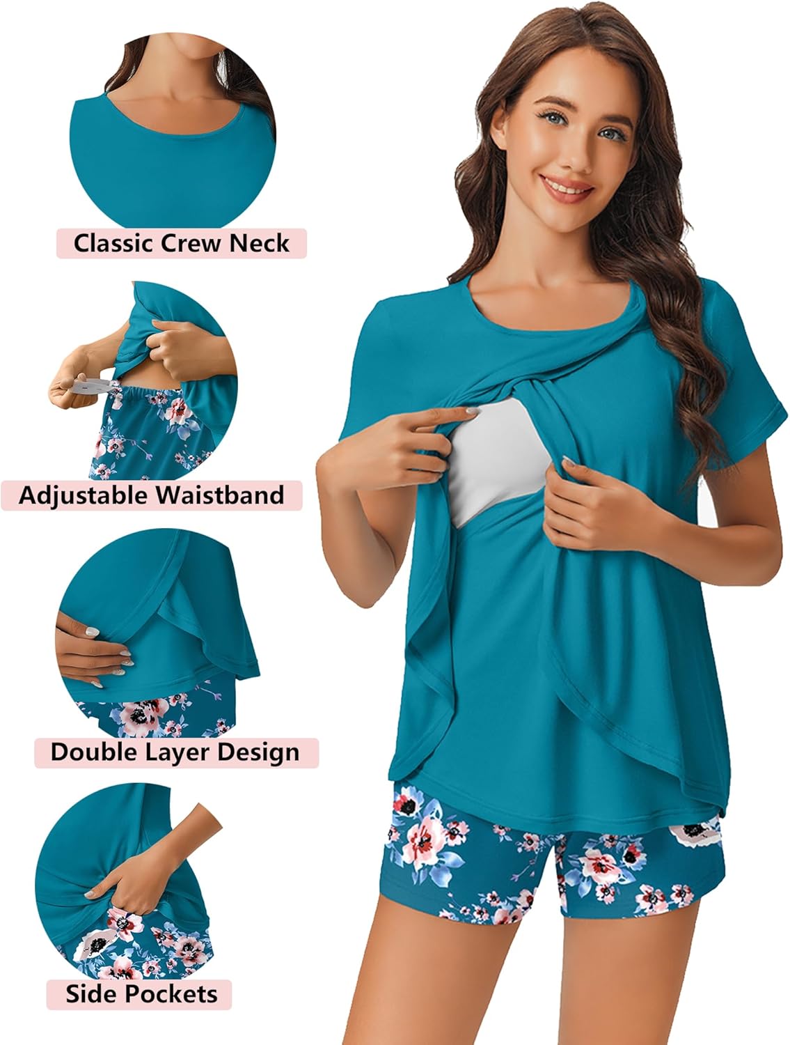 Ekouaer 3 PCS Maternity Nursing Pajamas Set Postpartum Breastfeeding Short Sleeve Shirts, Pregnancy Shorts & Pants Pjs S-XXL